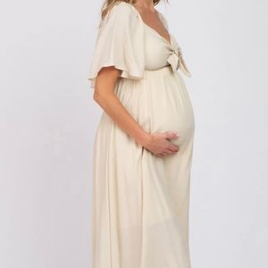 Beige Front Tie Ruffle Sleeve Maternity Midi Dress